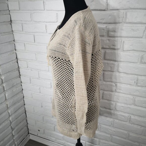 Eddie Bauer Ladies Size Medium Tan Mesh V-neck Knit Sweater - Picture 4 of 9